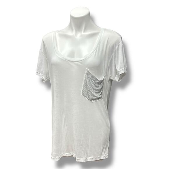 Y2K Express T Shirts 2 Sheer Embellished Pockets Black White Studded Sequins M - Picture 5 of 16